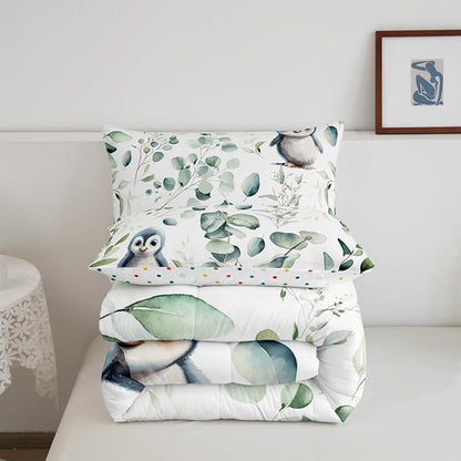 Erosebridal Cartoon Penguin King Size Comforter Set Toddler Woodland Wildlife Bedding Set, Spring Plant Down Comforter Eucalyptus Leaf Bed Set, Antarctic Animal Theme Quilted Duvet Kids Room Decor