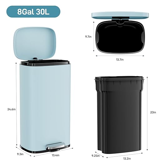 Arlopu 8/13.2 Gallon Step Trash Can, Stainless Steel Garbage Bin, Soft-Close Rubbish Bin with Removable Plastic Inner Bucket, Fingerprint-Proof, Lid Dustbin, Suit for Kitchen (Tide Pool Blue, 30L)