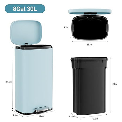 Arlopu 8/13.2 Gallon Step Trash Can, Stainless Steel Garbage Bin, Soft-Close Rubbish Bin with Removable Plastic Inner Bucket, Fingerprint-Proof, Lid Dustbin, Suit for Kitchen (Tide Pool Blue, 30L)