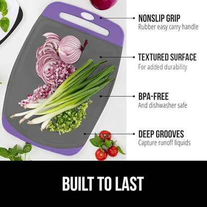 GORILLA GRIP BPA-Free Reversible Kitchen Cutting Board Set of 3, US Designed, Nonporous, Juice Grooves Catch Liquid, Slip Resistant Border, Dishwasher Safe, Durable Food Chopping Boards, Purple Gray