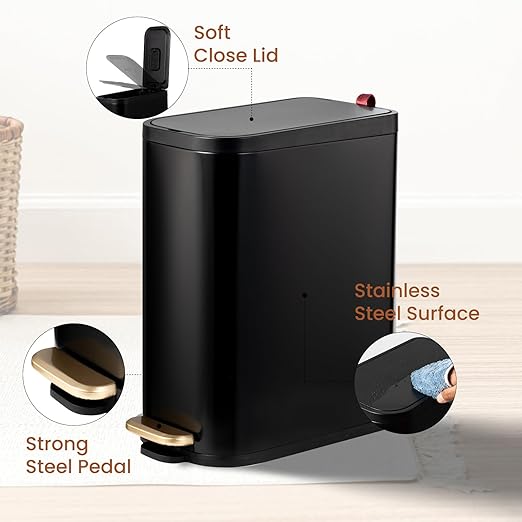 BETHEBEST Bathroom Trash Can with Lid Soft Close,Stainless Steel Step Trash Can with Removable Inner Wastebasket,Black Garbage Can for Bathroom,Bedroom,Kitchen(15 Liter/4 Gallon)