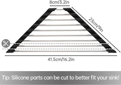 Tomorotec Foldable Stainless Steel Triangle Roll-Up Dish Drying Rack for Small Sink Corners - Over-The-Sink Multipurpose Kitchen Drainer, Rustproof Organizer, Trivet and Shelf - Space-Saving (Black)