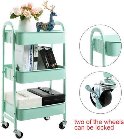 AGTEK Makeup Cart, Movable Rolling Organizer Cart, Macaron Blue 3 Tier Metal Utility Cart