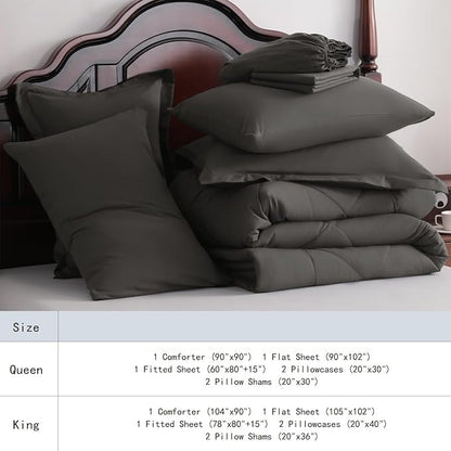 NTBAY King Comforter Set with Sheets, 7 Pieces Soft and Breathable King Bedding Set, Bed in a Bag, Down Alternative Comforter Set Solid Color All Season, King Bedding Set, Dark Grey