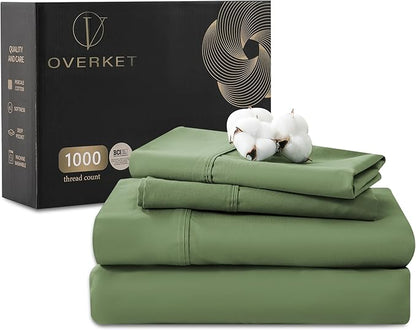100% Egyptian Cotton Sheets King Size 1000 Thread Count Sateen Weave Soft Breathable 16-Inch Deep Pocket 4PCS（King,Olive Green）