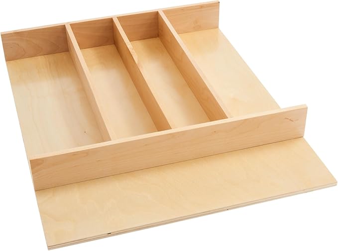 Rev-A-Shelf Trim-to-Fit Silverware Drawer Organizer For Kitchen Utensils, Cutlery Cabinet Storage Divider Insert, 18.5X22 X 2 7/8" D, Maple Wood, 4WUT-1