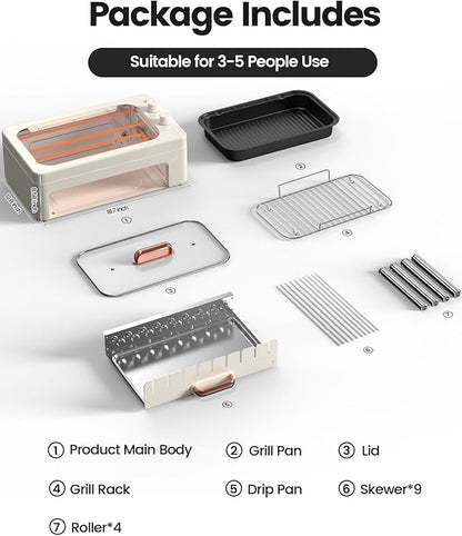 4-in-1 Electric Indoor Grill Smokeless for Home,Countertop Electric Grill with Removable Sizzle Grill Pan & Grate + Auto Rotating Kabob Skewers + Electric Hot Dog Roller Dual Zone Cooking with Lid