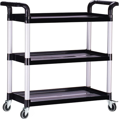 Plastic Utility Carts with Wheels, Heavy Duty 510lbs Capacity Rolling Service Cart, 3-Tier Restaurant Food Cart with Hammer for Office, Warehouse, Garage (Lockable Wheels, Black)