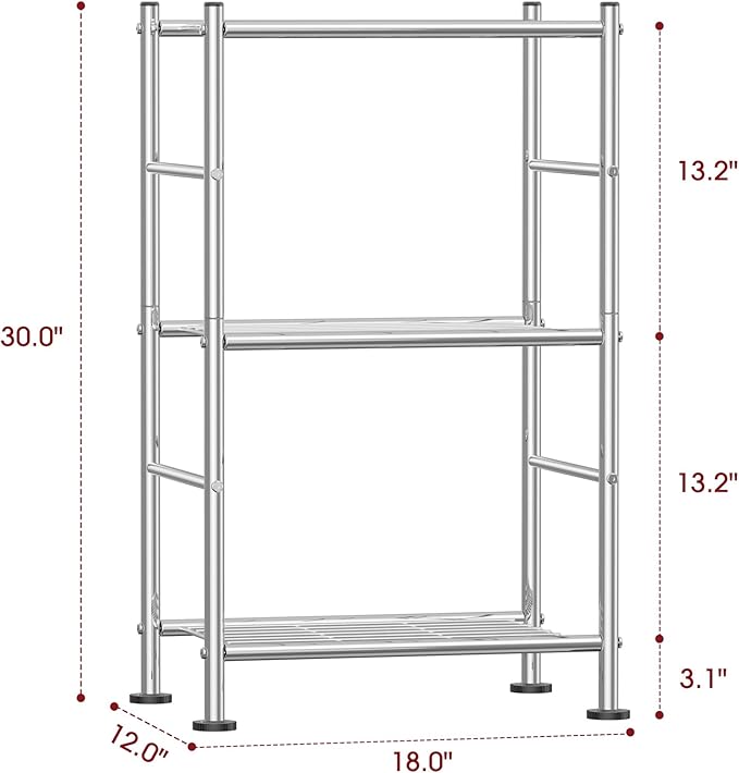 Storage Shelves - 3 Tier Shelf Organizer, Sturdy Metal Shelving with Adjustable Leveling Feet, Space-Saving Shelves Organizer for Pantry, Laundry, Kitchen (18" x 12" x 30", Silver)