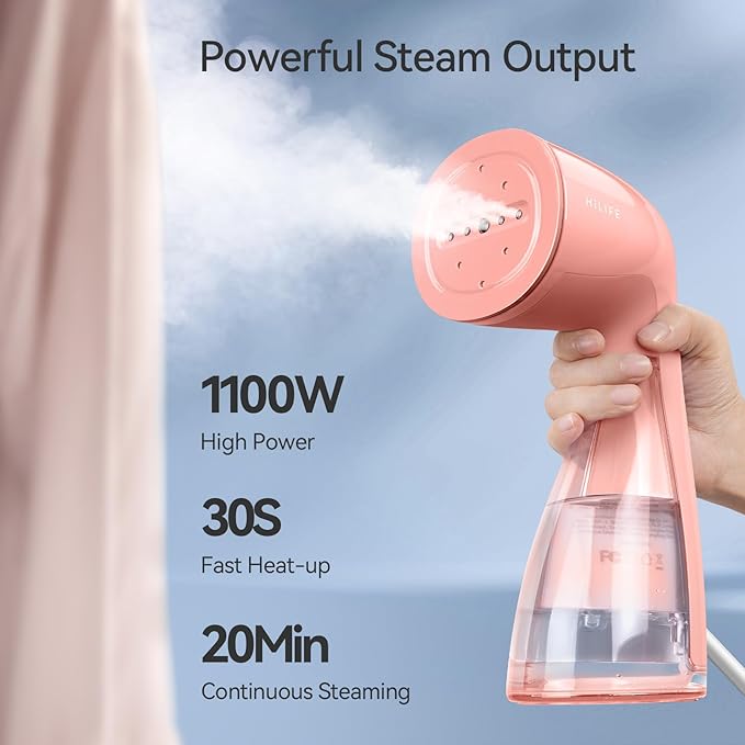 HiLIFE Steamer for Clothes, 1100W Clothes Steamer, Fast Wrinkle Removal with Large 300ml Tank, Ideal for All Fabrics, Easy to Use, Compact and Portable Travel Garment Steamer-Pink