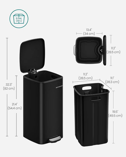 SONGMICS Kitchen Trash Can, 8-Gallon (30 L) Trash Bin, Stainless Steel Garbage Can, with Inner Bucket, Soft Close and Stays Open, Ink Black ULTB593B01