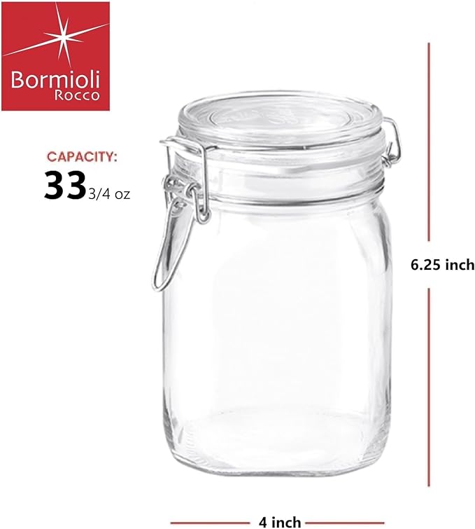 Bormioli Rocco Fido, 2 Pack, 33.75 Oz. Food Storage Glass Jars, Airtight Rubber Seal & Glass Lid, with Stainless Wire Clamp, Mason Jar, Made in Italy