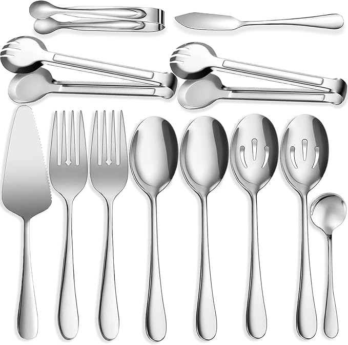 12 PCS Stainless Steel Serving Utensils, Large Spoons Slotted Spoons Forks Tongs, Ice Suger Tongs, Pie Server, Butter Knife, Coffee Spoons, Great for Buffet Catering Banquet Party, Silver