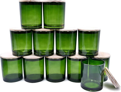14 OZ Thick Candle Jars for Making Candles 12 Pcs, 3 Wick Empty Jars with Wood Lids for Candle Making, Sample Container,Clear Green