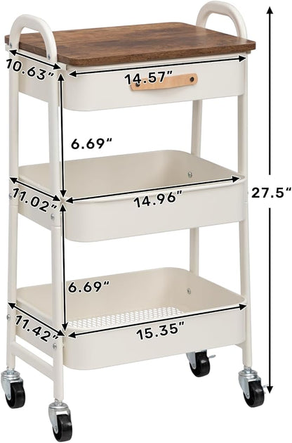 AGTEK Rolling Organizer Cart with Drawer, 3 Tier Movable Metal Utility Cart with Drawer, Mobile Trolley Cart for Home & Office, White