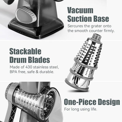 KEOUKE Rotary Cheese Grater Hand Crank Transparent - Shredder Slicer Grinder 3 Stainless Steel Blades, Stable Suction, Labor-Saving Handle, Safe Kitchen Tool for Cheese, Vegetable, Nuts, Chocolate