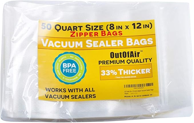 50 Zipper Vacuum Sealer Bags: Quart Size (8" x 12") - OutOfAir Vacuum Seal Zip Bags, Works with FoodSaver & Other Savers, 33% Thicker BPA Free Commercial Grade Great for Snacks On The Go