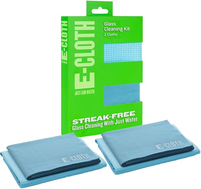 E-Cloth 2-Pack Window Cleaning Cloth - Streak-Free Glass & Mirror Cleaning Kit with Just Water, Glass Cleaning Cloth, Microfiber Towel Kit for Windows, Car Windshield, Mirrors - Alaskan Blue