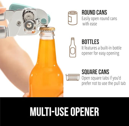 GORILLA GRIP Heavy Duty Stainless Steel Smooth Edge Manual Can Opener and Bottle Openers, Soft Comfortable Handle, Oversized Handheld Turn Knob, US Designed Multifunctional Kitchen Tool, Mint