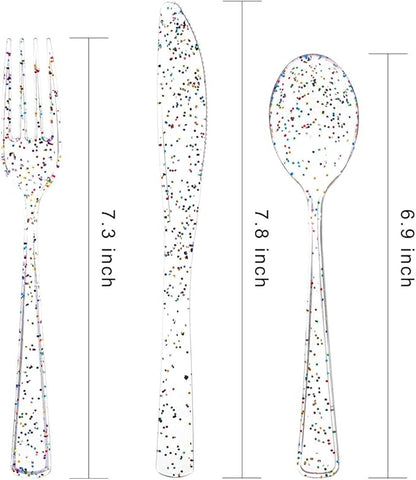 Supernal 360pcs Clear Plastic Silverware, Glitter Disposable Cutlery with Colorful Design,120 Forks,120 Knives,120 Spoons,Perfect for Parties Birthday