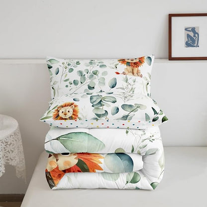 Erosebridal Cute Lion Bedding Toddler Size for Kids Child Green Eucalyptus Comforter Set Toddler, Woodland Animal Duvet Insert Plant Leaves Quilt Comforter, Cartoon Wildlife Bedding Comforters & Sets