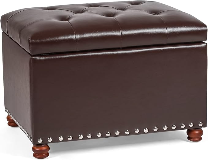 Leather Storage Ottoman Bench Foot Rest Stool with Nailhead Trim (Dark Brown - Button Tufted Leather)