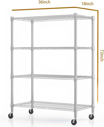 Himimi 4-Tier Heavy Duty Steel Wire Rack Storage Shelving, Adjustable Metal Storage Shelves with Wheels, 72''H Wire Shelf for Kitchen Garage Basement Pantry Organization, 18" D×36" W×72" H-Silver