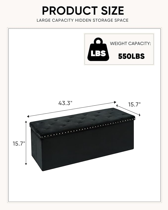 Velvet Storage Ottoman Bench, 43.3" Folding Ottoman with Rivet Trim, Heavy-Duty Upholstered Entryway Bench, Sturdy Footrest and Seat for Bedroom, Living Room, Holds up to 660 LBS, Black