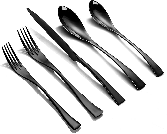 Lemeya 20-Piece Black Silverware Set for 4,Heavy Duty 18/10 Stainless Steel Flatware Set with Forged Stand Knife,Modern Cutlery Utensil Set,Forks Spoons and Knives Set,Mirror Polished,Dishwasher Safe