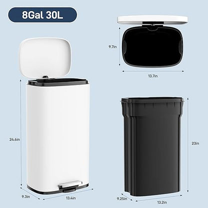Arlopu 8 Gallon Step Trash Can, Stainless Steel Garbage Bin, Soft-Close Rubbish Bin with Removable Plastic Inner Bucket, Fingerprint-Proof, Lid Dustbin, Suit for Kitchen Home (White, 30L)