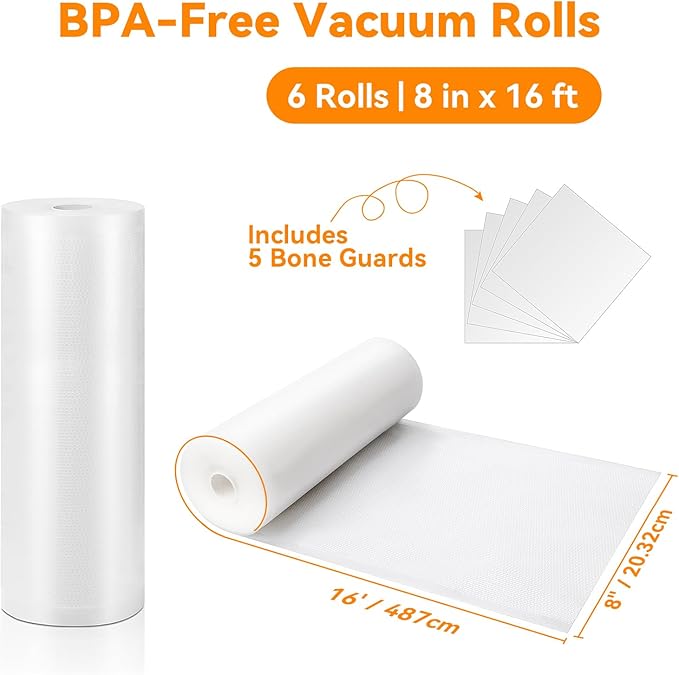 Wevac Vacuum Sealer Bags 8x16' Rolls 6 pack for Food Saver, Seal a Meal, Weston. Commercial Grade, BPA Free, Heavy Duty, Great for vac storage, Meal Prep or Sous Vide