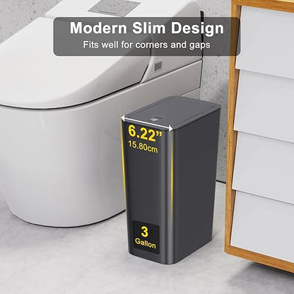 N. NETDOT 3 Pack Small Trash Can with lid, 3 Gallon Bathroom Trash Can,Garbage Can Slim Trash Bin Waste Basket for Bathroom,Kitchen,Bedroom,Living Room,Office,Laundry - Off White,Black,Grey