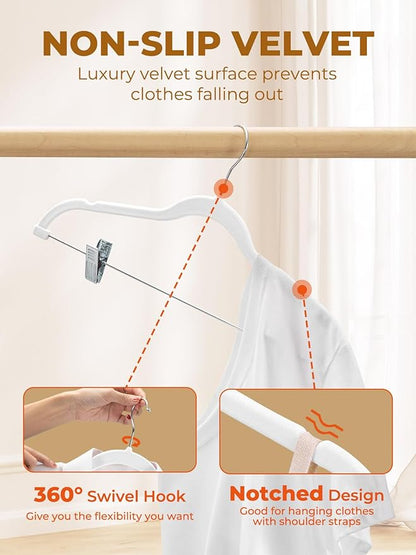 HOUSE DAY Velvet Skirt Hangers 24 Pack, White Velvet Hanger with Adjustable Clips, Space Saving Slim Pant Hangers, Heavy Duty Non Slip Clip Hanger for Pants, Skirts, Shorts