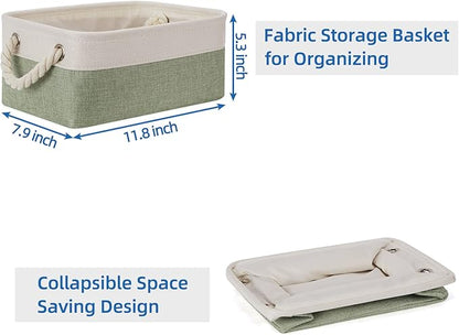 Temary Small Storage Baskets Small Fabric Bins for Closet, 6 Pack Decorative Storage Boxes with Rope Handles for Organizing Clothes, Canvas Storage Basket(White&Green,11.8L x 7.9W x 5.3H inches)