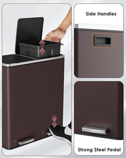 Arlopu 16 GallonStainless Steel Trash Can, 60L Dual Compartment, Metal Kitchen Step Recycle Bin, Metal Double Dustbin, in-Home Garbage Rubbish Can W/Removable Liner Buckets (Brown)