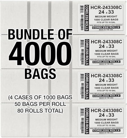 Aluf Plastics High Density Trash Bags, 16 Gallon, 4000 Count, 8 Micron (eq), 24" x 33", Clear, for Bathroom, Office, Industrial, Commercial, Janitorial, Municipal, Recycling