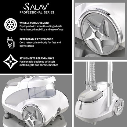 SALAV GS45-DJ Professional Upright Garment Steamer with Roll Wheels, Multi-Function Extra Wide Hanger, Fabric Brush & Mini Ironing Paddle, 1500 watts, Silver