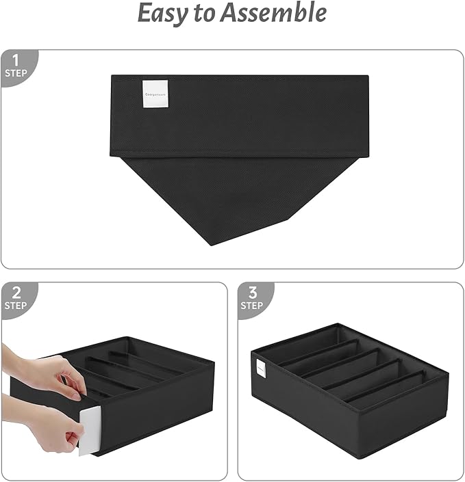 4 Packs T-shirt Drawer Organizers for Clothing,5 Grids Compartment Wardrobe Storage Box, Washable Clothes Organizer for Folded Clothes, T-shirt, Legging, Silk Scarve-Black