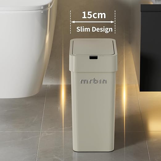 MRBIN Motion Sensor Bathroom Trash Can with Lid, 9L/2.4gal Automatic Plastic Slim Covered Electric Waste Basket, Narrow Rectangle Garbage Bin Under Desk for Small Office, Bedroom, Kitchen, Rv, Gray