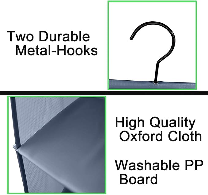 Hanging Closet Organizer and Storage 3-Shelf, Easy Mount Foldable Hanging Closet Wardrobe Storage Shelves, Clothes Handbag Shoes Accessories Storage, Washable Oxford Cloth Fabric, Gray