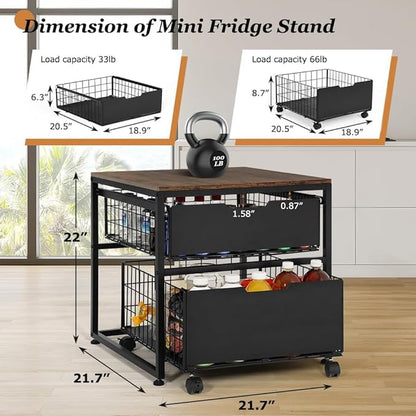 Mini Fridge Stand with Storage Drawer, 21.7”x21.7” Heavy Duty Mini Fridge Table with Wheels, Rolling Beverage Cart with Basket for Home, Office, Bedroom, Brown