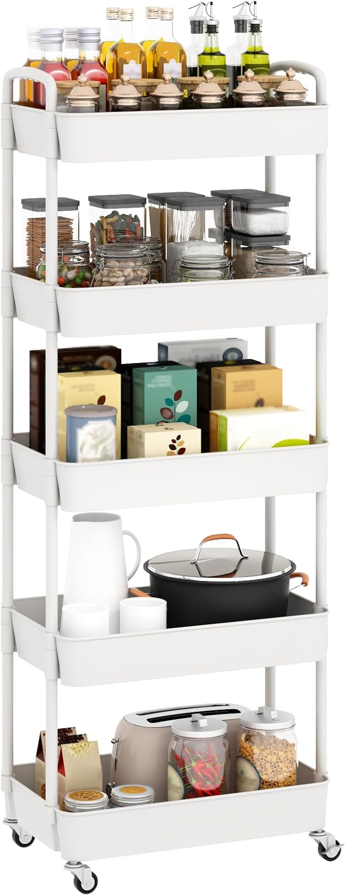 Sywhitta 5-Tier Plastic Rolling Utility Cart with Handle, Multi-Functional Storage Trolley for Office, Living Room, Kitchen, Movable Storage Organizer with Wheels, White