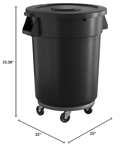 32 Gallon Black Round Commercial Trash Can with Lid and Dolly