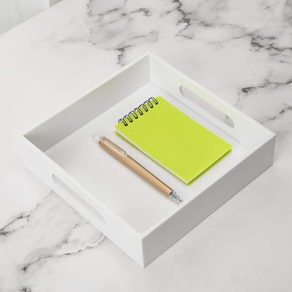 White Sturdy Acrylic Tray with Handles-8x8 Inch- Countertop Organizer Tray for Kitchen,Bathroom,Office- Storage Box for Cosmetics, Jewelry,Toiletries,Toy,Gadgets