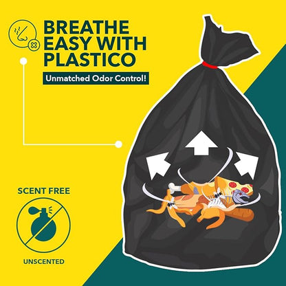Plastico Extra Tall Kitchen Trash Bags - 18 Gallon, Black, 36 Garbage Bags, Extra Strong, Easy Drawstrings - Odor Guard Control, Unscented, 1.1 Mil Thick Plastic