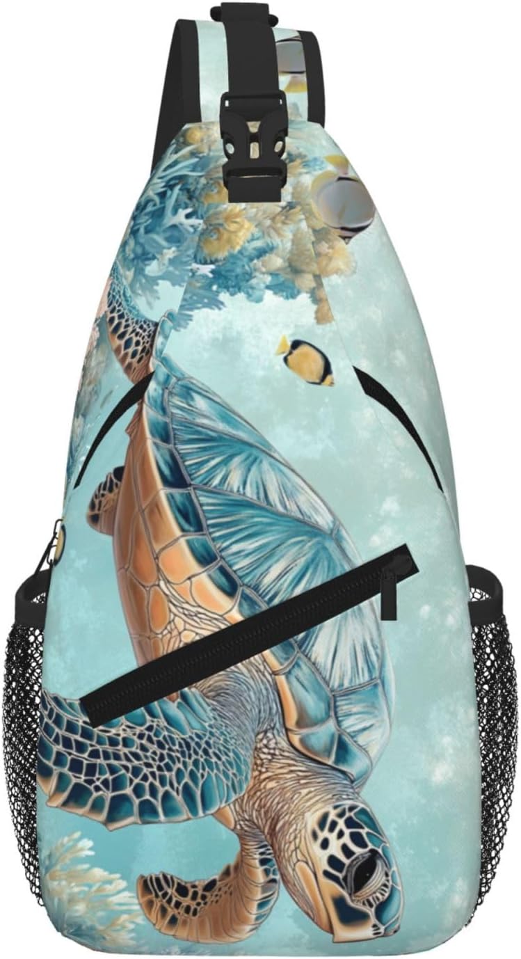 SUPLUCHOM Sling Bag Turtle Sea Coral Ocean Hiking Daypack Crossbody Shoulder Backpack Travel Chest Pack for Men Women