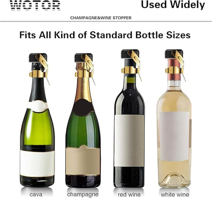 WOTOR Champagne&Wine Bottle Stoppers Stainless Steel with Food Grade Silicone, Leak Proof Keep Fresh Reusable Saver, Cork Suitable for Wine, Champagne, Cava, Prosecco and Sparkling (2 Pack Gold