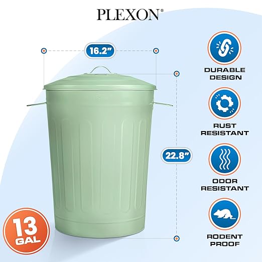 Plexon Round Trash Can 13 Gallon, Vintage Metal Outdoor Trash Can with Lid, Retro Farmhouse Garbage Container, Old School Modern Ash Bucket, Green 3 Pack