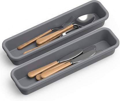 2 Pack Silicone Silverware Drawer Organizer, DIY Free Combination Kitchen Drawer Organizer, Utensil Organizer, Moisture-proof and Heat-resistant up to 200°C, Anti-slip and Environmentally (Grey)