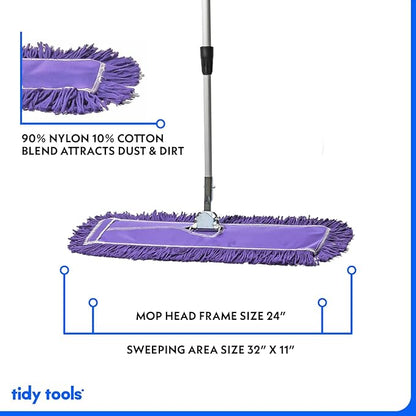 24 Inch Purple Commercial Dust Mop & Floor Sweeper with Extendable Handle – Mop for Hardwood, Tile, and Concrete Floor Cleaning
